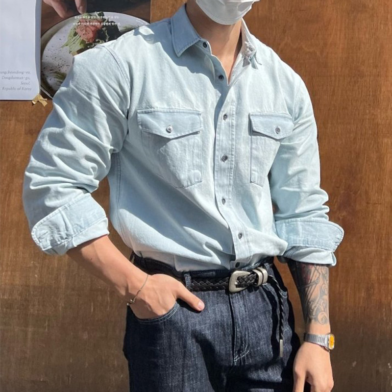 春秋款韩国男装代购尖领双口袋水洗棉质休闲长袖牛仔衬衫男SH1467