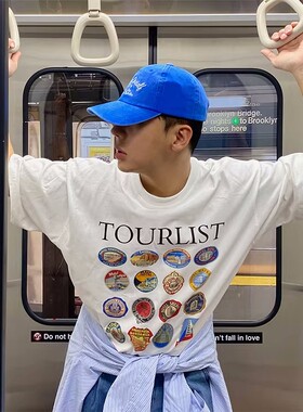 韩国东大门代购高档街头潮流旅行徽章数码印花休闲短袖T恤BTS5247