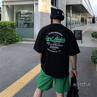 魔吉达韩国代购男装GRAB英文前后印花TEE宽松落肩短袖T恤潮TS4126