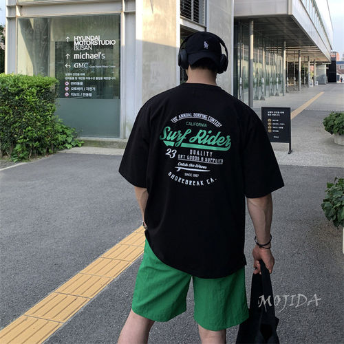 魔吉达韩国代购男装GRAB英文前后印花TEE宽松落肩短袖T恤潮TS4126