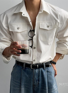 韩国男装代购高品复古纯棉西部拼接双口袋设计宽松长袖衬衫SH2347