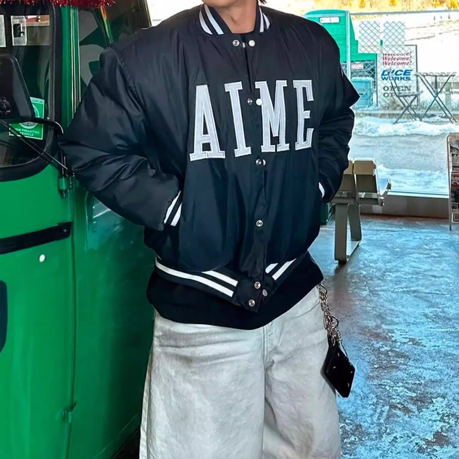 韩国东大门代购宽松棒球领夹克刺绣印花时尚休闲长袖外套男JK4465