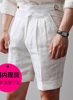 【特价现货】韩国东大门男装高品亚麻意式复古高腰休闲短裤PT2483