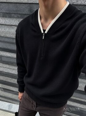 韩国代购东大门男装鸡心V领半开拉链拼边针织衫设计师毛衣CD2579