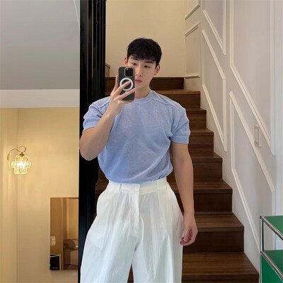 魔吉达韩国男装ROPE亚麻人造丝轻薄拼接线修身针织短袖T恤BTS3802