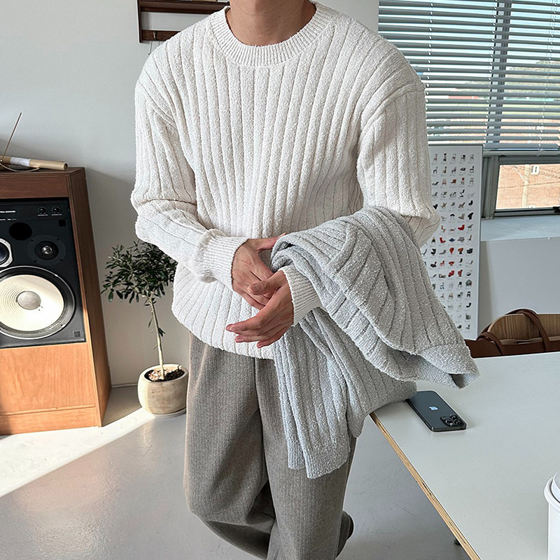 魔吉达韩国男装纯色高档羊毛混纺立体粗棒针织宽松圆领毛衣-CD920