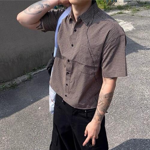 韩国男装代购复古街头潮流vibe小格子痞帅短款宽松短袖衬衫SH2257