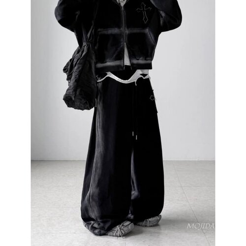 韩国代购东大门男装小众喷绘线条街头刺绣阔腿抽绳休闲卫裤PT4821