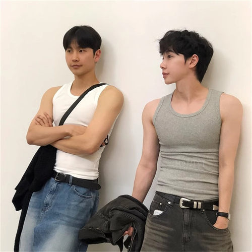 魔吉达韩国代购男装纯色纹理弹力棉修身打底夏运动休闲背心TS3450