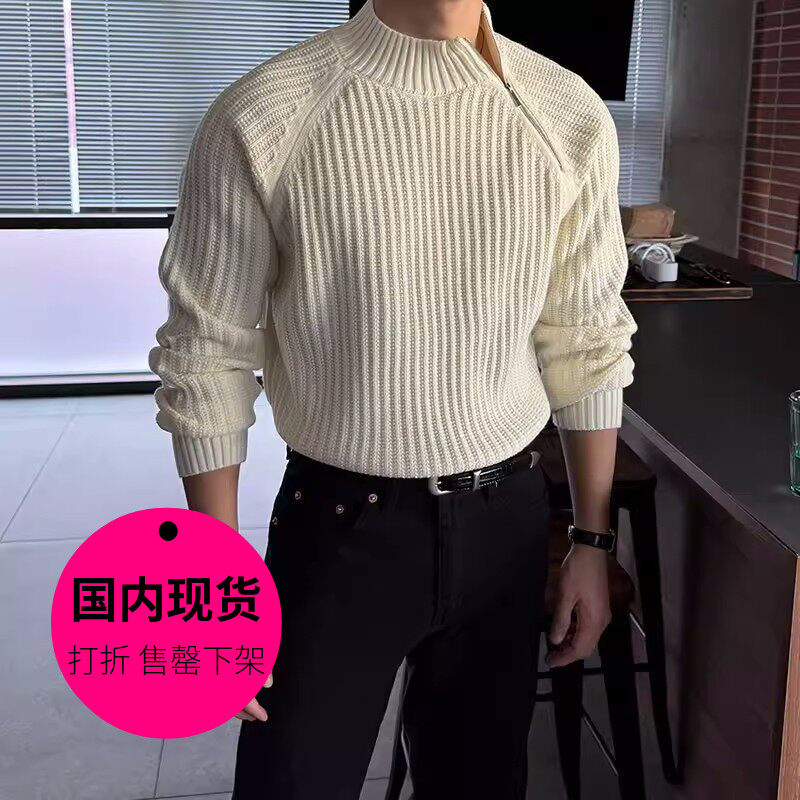 【特价现货】韩国东大门男装半高领羊毛拉链拼接针织衫毛衣CD1979