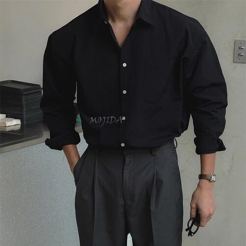 魔吉达韩国男装春夏尼龙薄款轻熟基础设计高品宽松长袖衬衫SH1972