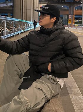 韩国东大门男装代购鸭绒保暖抽绳连帽半拉链套头羽绒服外套JK4454