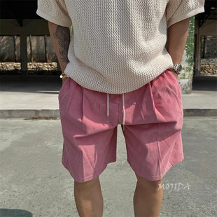 魔吉达韩国代购男装休夏季灯芯绒百搭掐褶阔腿五分休闲短裤PT3212