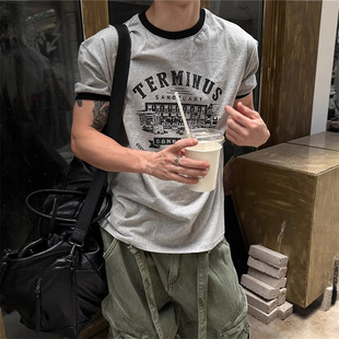 韩国男装代购MILLER撞色圆领学院风欧洲站建筑设计短袖T恤TS4330