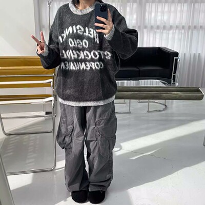 韩国代购男女NOTCH刷毛撞色减龄英文宽松针织衫小众毛衣男-CD2124