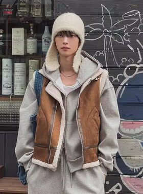 韩国东大门男装代购高品马甲外套男女同款羊羔绒马夹麂皮绒JK4434