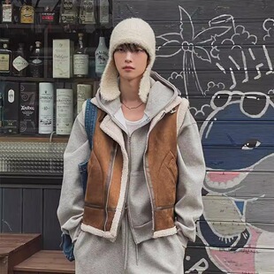 韩国东大门男装代购高品马甲外套男女同款羊羔绒马夹麂皮绒JK4434