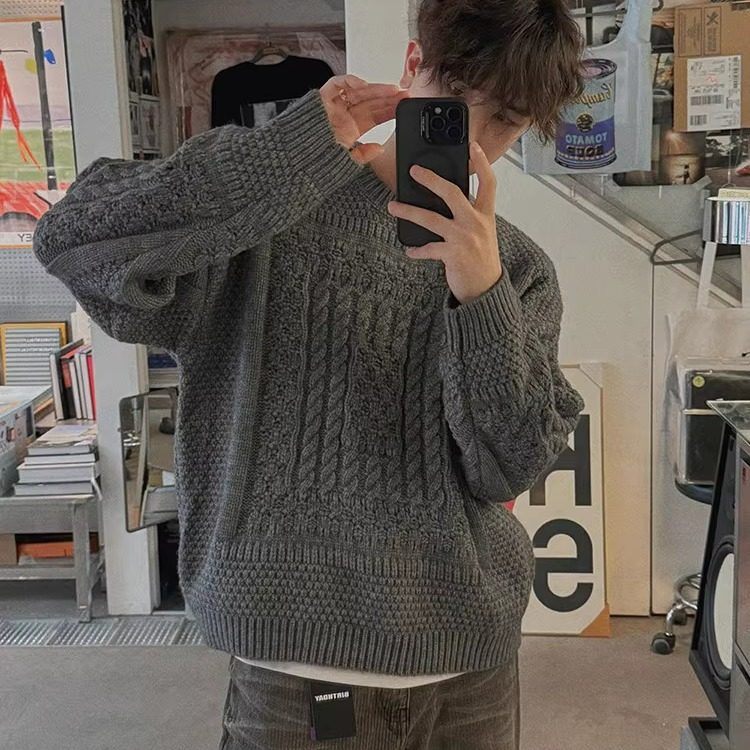 东大门韩国代购高品设计师重工麻花几何纹理潮流针织衫毛衣CD2087