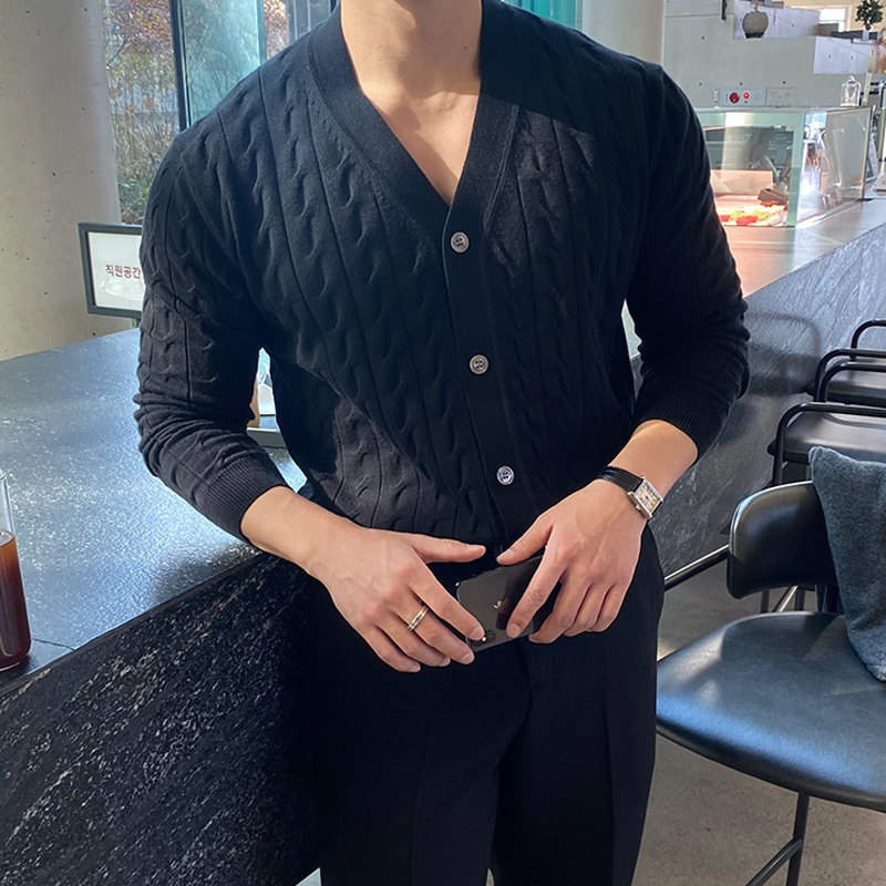 春秋新款韩国男装代购斜线麻花纹弹力宽松V领针织开衫毛衣男CD708