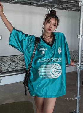韩国代购男女同款潮流个性V领字母队服顺滑运动休闲短袖T恤TS5716
