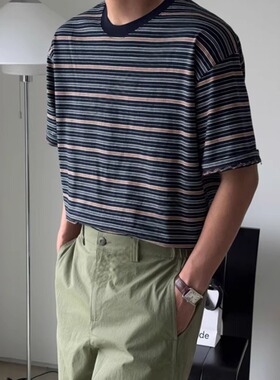 魔吉达韩国代购男装短袖T恤轻熟螺纹圆领撞色条纹宽松TEE男TS4163