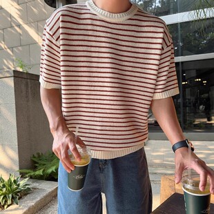 cheat设计高捻棉条纹针织气质圆领宽松短袖 T恤TS4196 代购 韩国男装