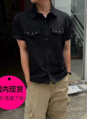 【特价现货】韩国东大门男装重工铆钉翻盖口袋宽松短袖衬衫SH2677