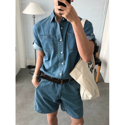 韩国东大门代购夏季时尚水洗简约轻奢百搭卷边短袖牛仔衬衫SH2628