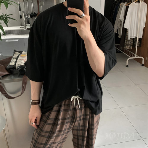 魔吉达韩国男装人造丝亲肤丝滑夏季TEE阔版落肩七分短袖T恤TS4160