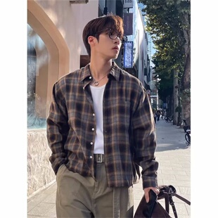 韩国东大门代购时尚轻熟复古vibe休闲短款格子宽松长袖衬衫SH2462