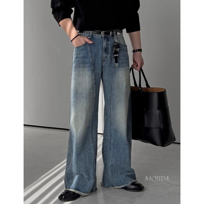 韩国东大门男装代购26春复古水洗OOTD曲线阔腿直筒牛仔裤男PT4131