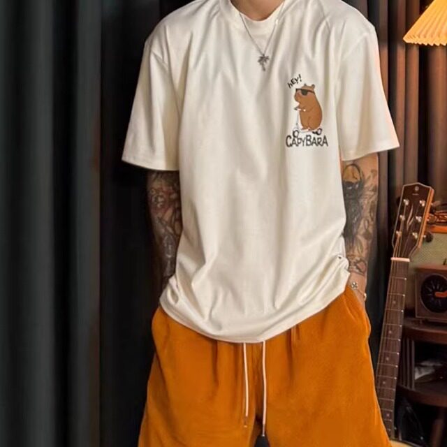 韩国男装代购可爱墨镜卡皮巴拉减龄款卡通印花宽松短袖T恤-TS4269