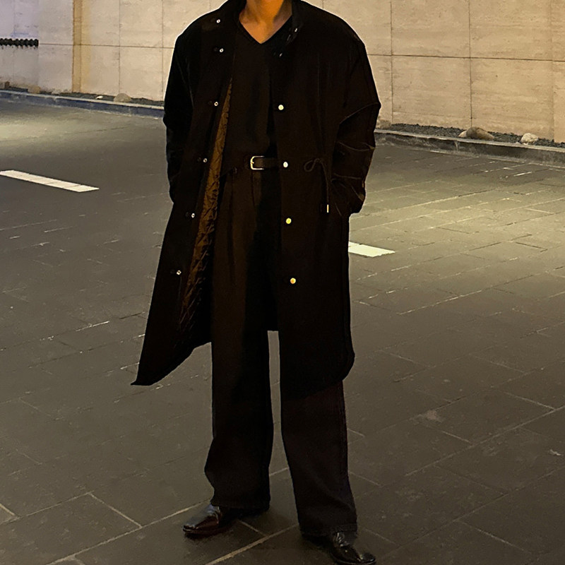 魔吉达韩国男装复古立领抽绳宽松口袋中长款棉服大衣外套男JK3778