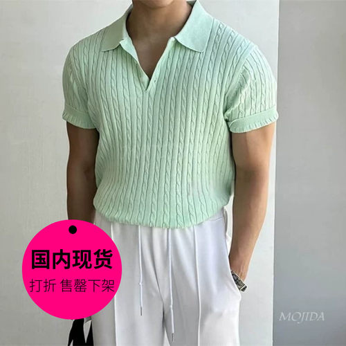 【特价现货】韩国东大门男装精工麻花纹POLO针织衫短袖T恤-TS5820