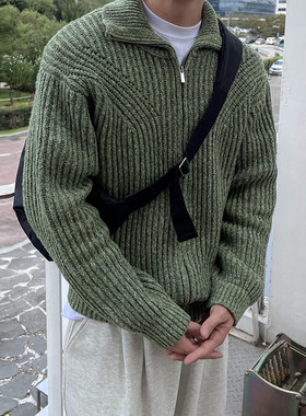 加厚拉链高领羊毛针织开衫毛衣男