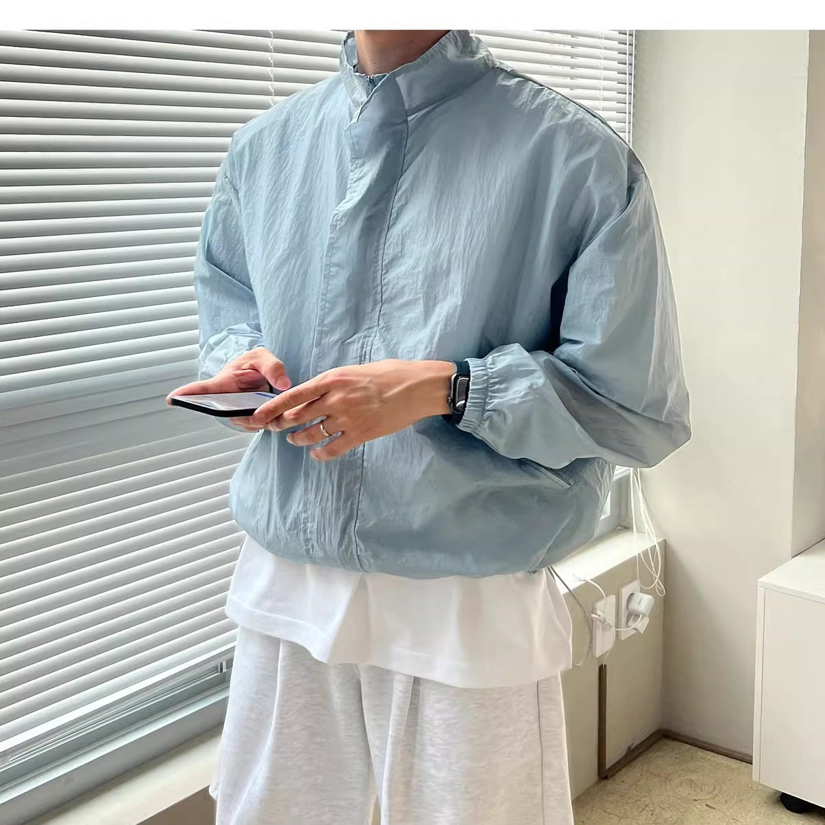 韩国东大门男装夏轻薄半透立领防风可收腰防晒宽松夹克外套JK4084图片