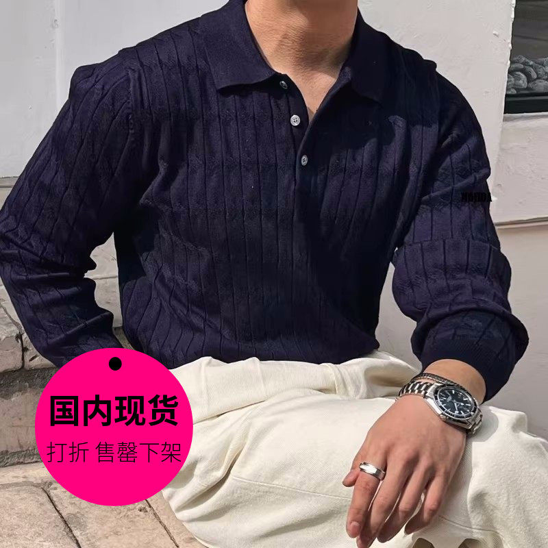 【特价现货】韩国东大门男装麻花纹翻领套头宽松休闲针织衫-CD529