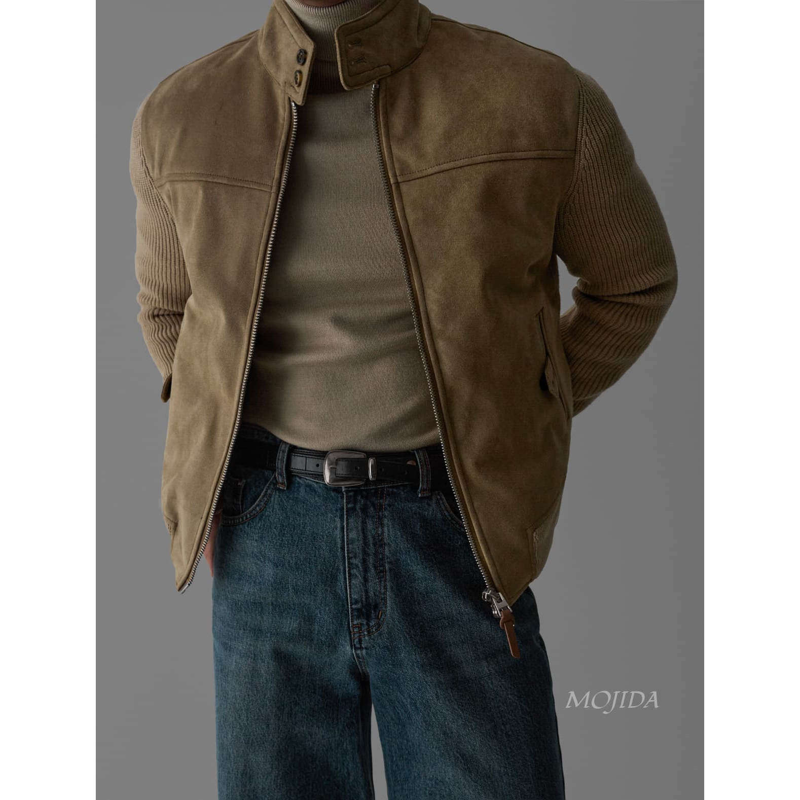 韩国东大门代购男装拼接羊毛针织鸭绒羽绒服立领拉链外套男JK4876