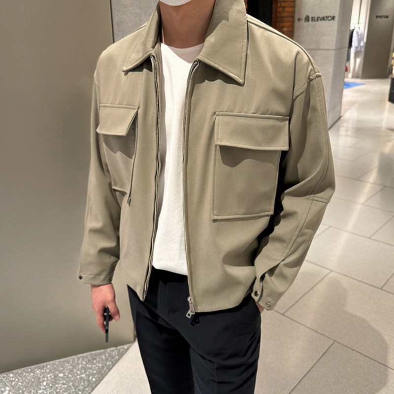 春秋款韩国男装代购双口袋纯色简约翻领短款宽松夹克外套男JK2708