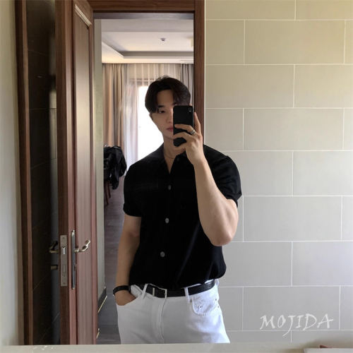 魔吉达韩国男装高档软人造丝设计针织开衫翻领POLO短袖T恤-CD1623