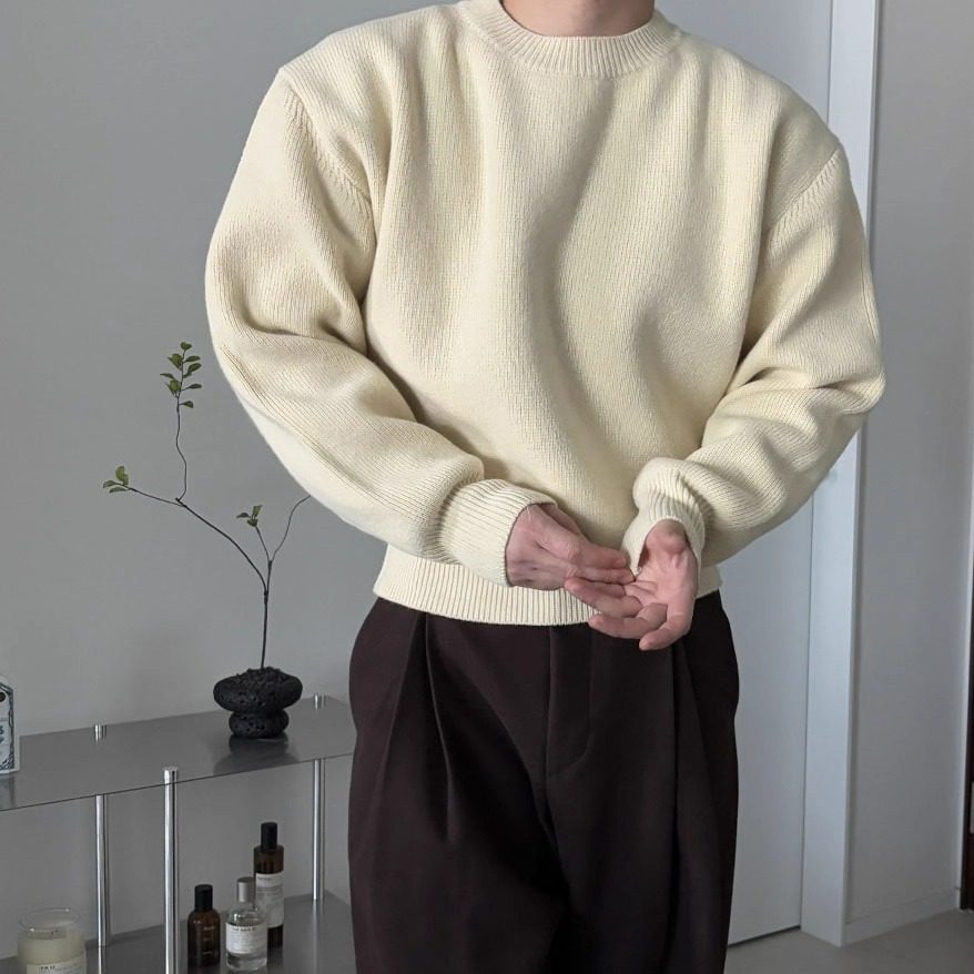 韩国男装代购AVEC高档羊毛混纺短款简约轻熟圆领毛衣针织衫CD2018