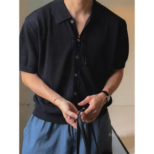 韩国代购东大门男装镂空网眼翻领宽松针织短袖开衫小众韩版CD2330