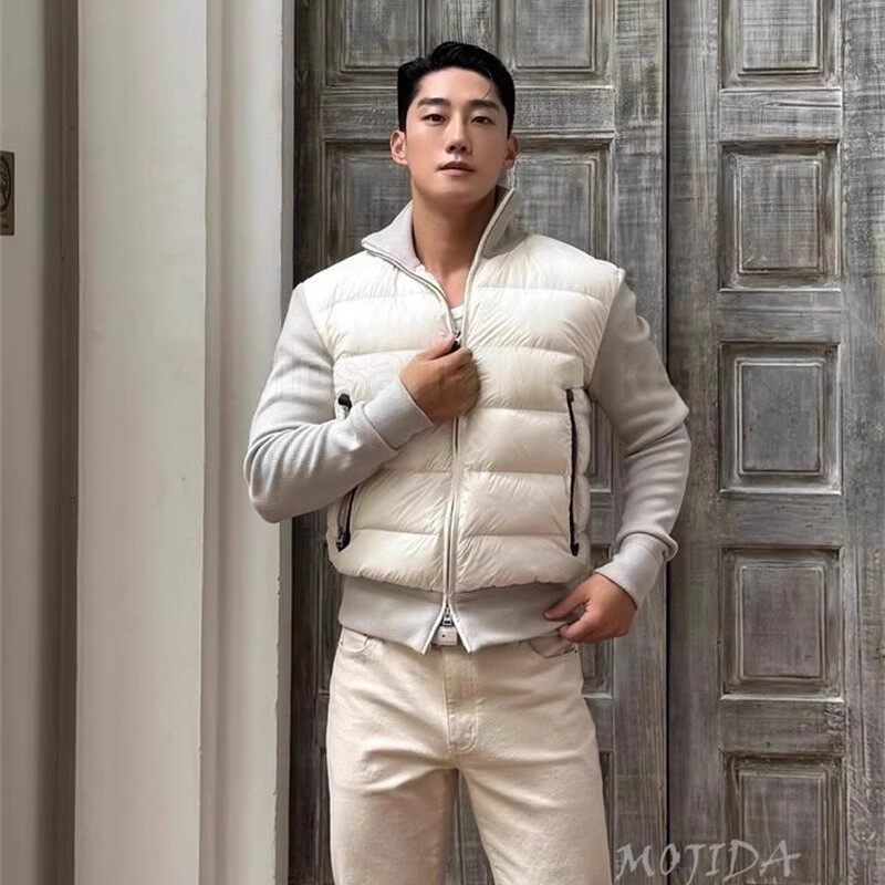 魔吉达韩国男装高品轻熟风羊毛拼接拉链立领羽绒服马甲外套JK3452