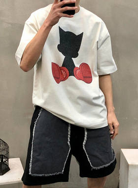 韩国东大门代购时尚潮流复古水洗宽松休闲短袖T恤衫男女款-TS5616