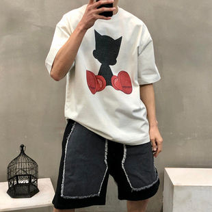 韩国东大门代购时尚潮流复古水洗宽松休闲短袖T恤衫男女款-TS5616