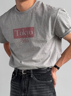 韩国男装代购东大门短袖T恤字母印花宽松圆领水洗棉休闲b-TS5821