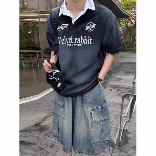 韩国东大门代购复古领短袖T恤宽松版休闲中性款夏季男上衣TS5401