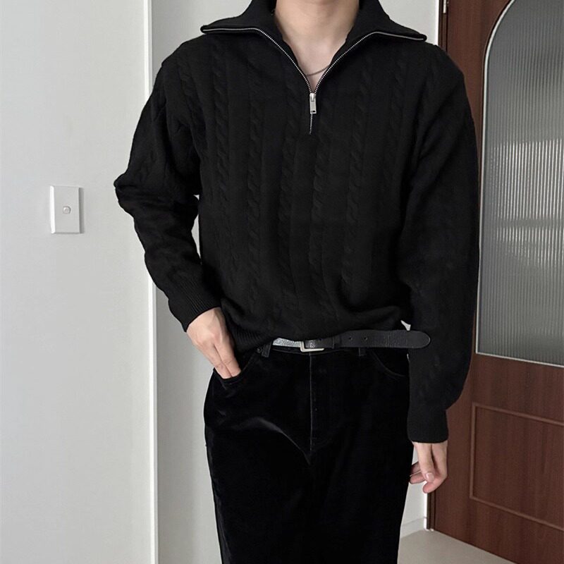 韩国东大门男装代购纯色麻花纹半高领拉链套头针织衫毛衣男CD1776