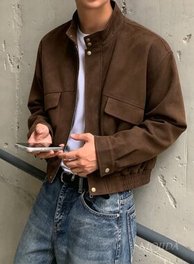 韩国代购东大门男装直播GC家高档立领麂皮短款宽松夹克外套JK5304