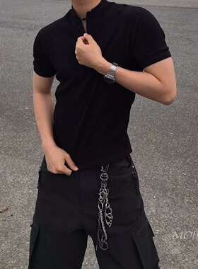 韩国东大门代购春夏时尚插肩袖罗纹半拉链短袖针织T恤衫男bTS5298